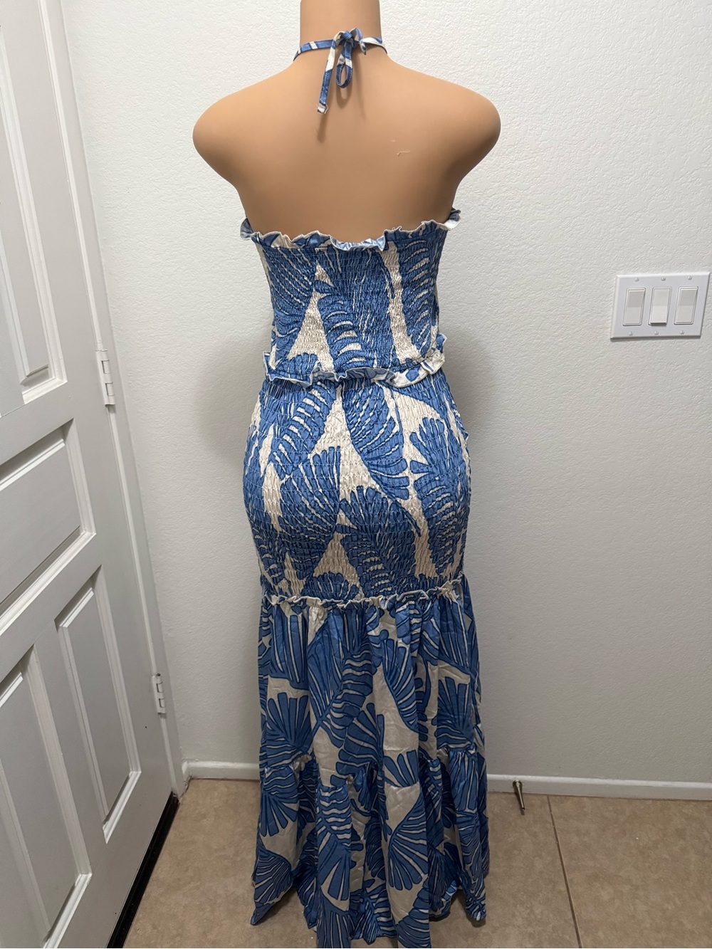 Blue Leaf-Print Strapless Maxi Dress